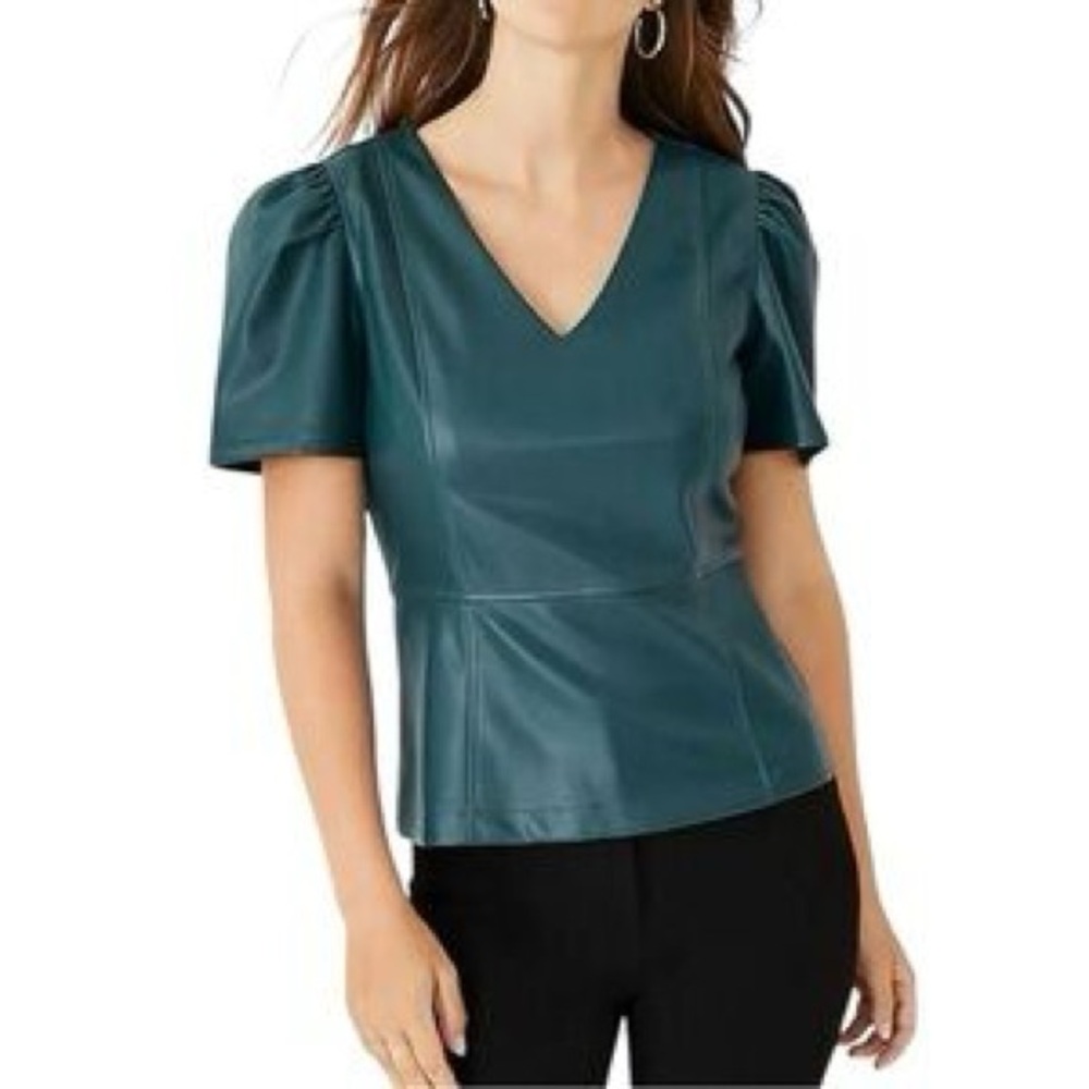 V-Neck Short Sleeve Faux Leather Top in Teal